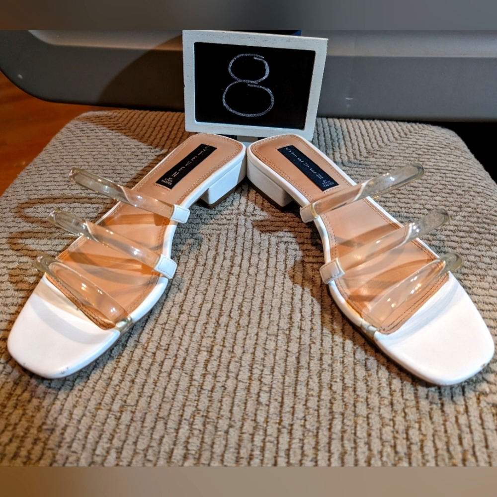 Steven 8 Hades low heelvegan white leather mod flat slides triple clear straps‎
